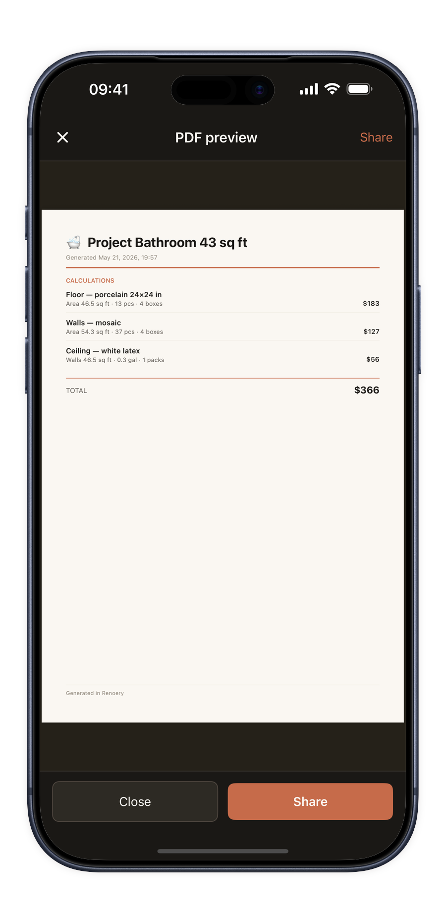 Framed screenshot of the Renoery PDF export