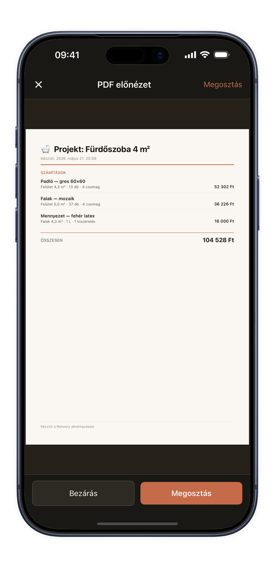 A Renoery PDF exportjának keretes képernyőfotója