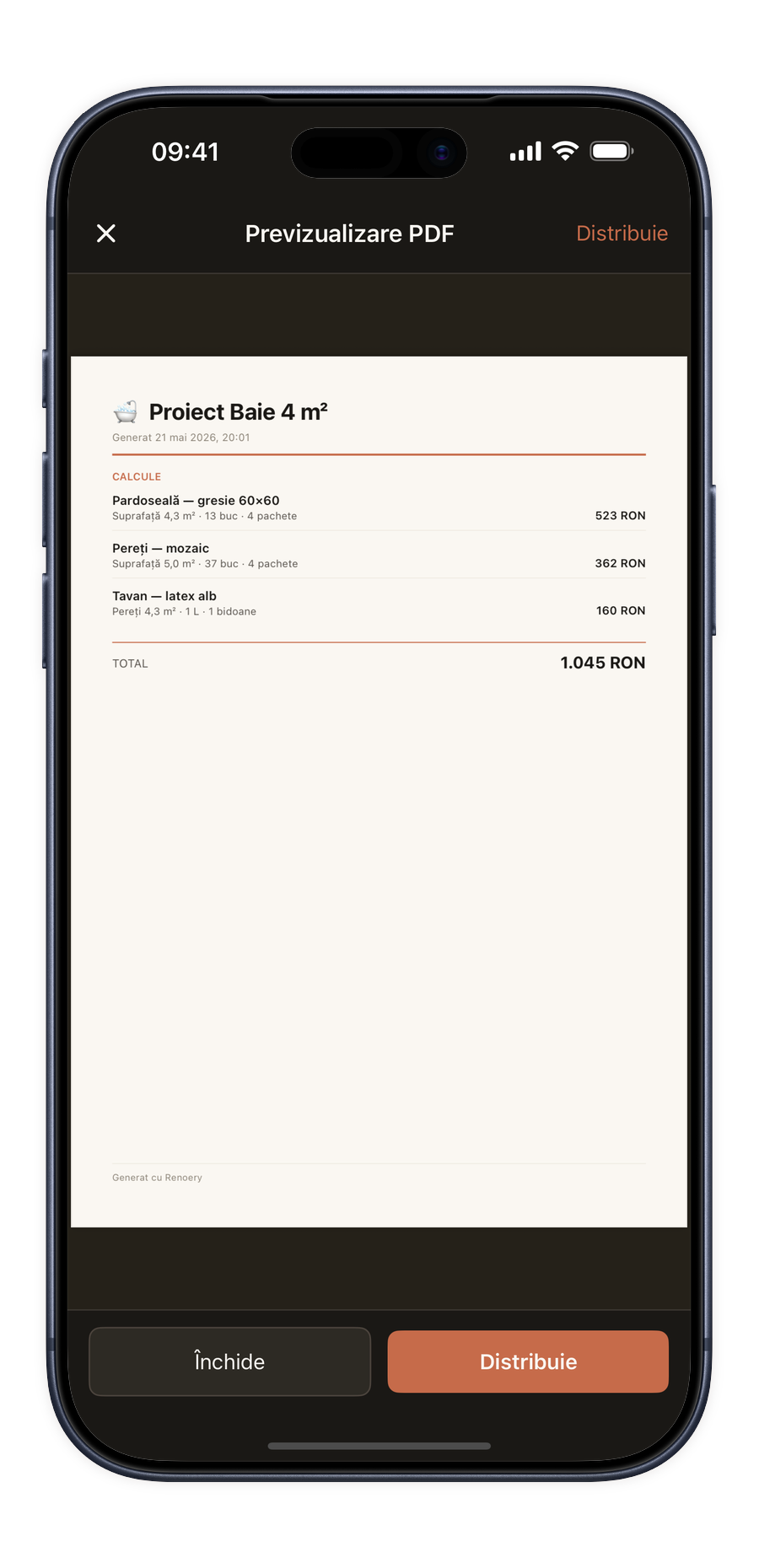 Captură export PDF Renoery în ramă de telefon