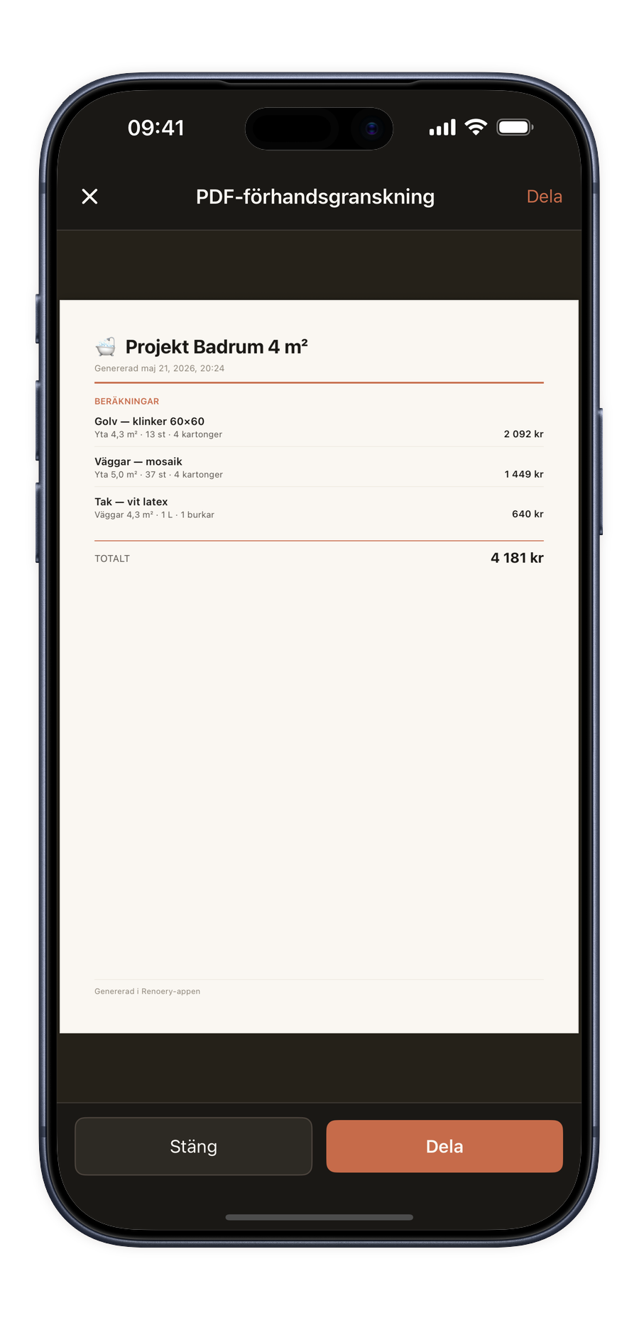 Skärmdump av Renoery-PDF-exporten i telefonram