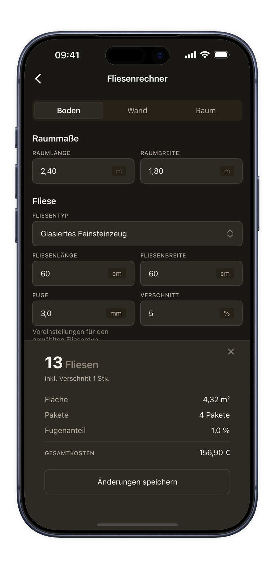 Fliesenrechner in der Renoery-App
