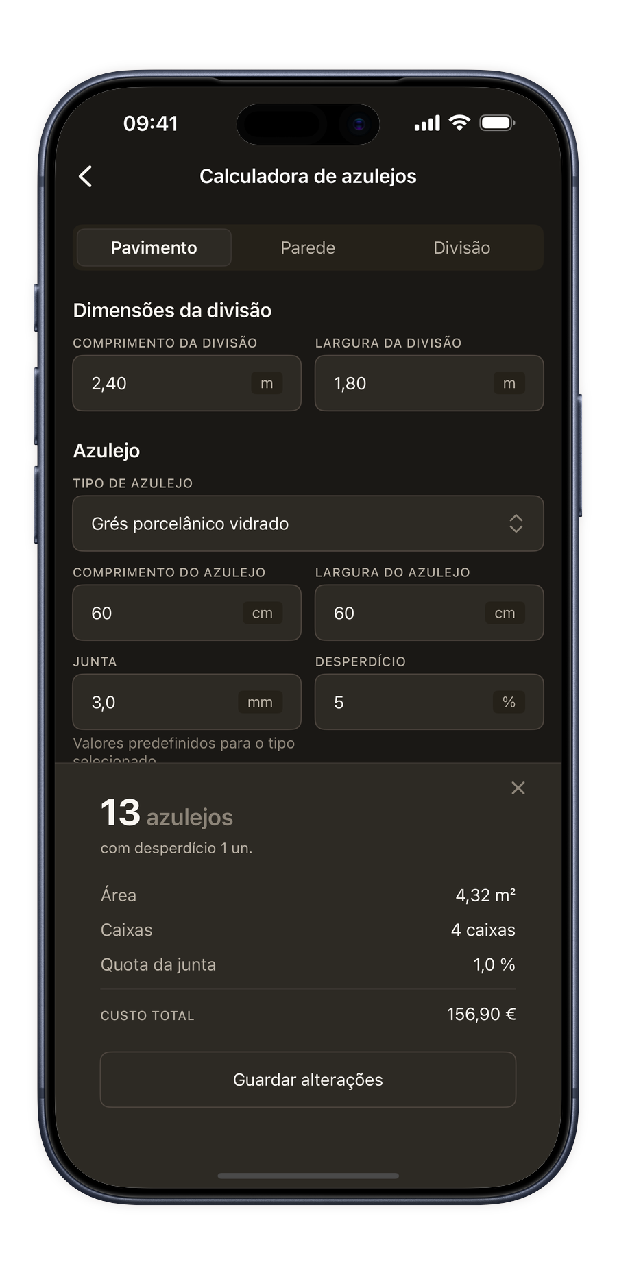 Calculadora de azulejos na aplicação Renoery