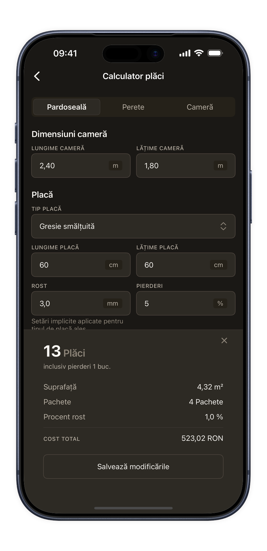 Calculator de plăci în aplicația Renoery