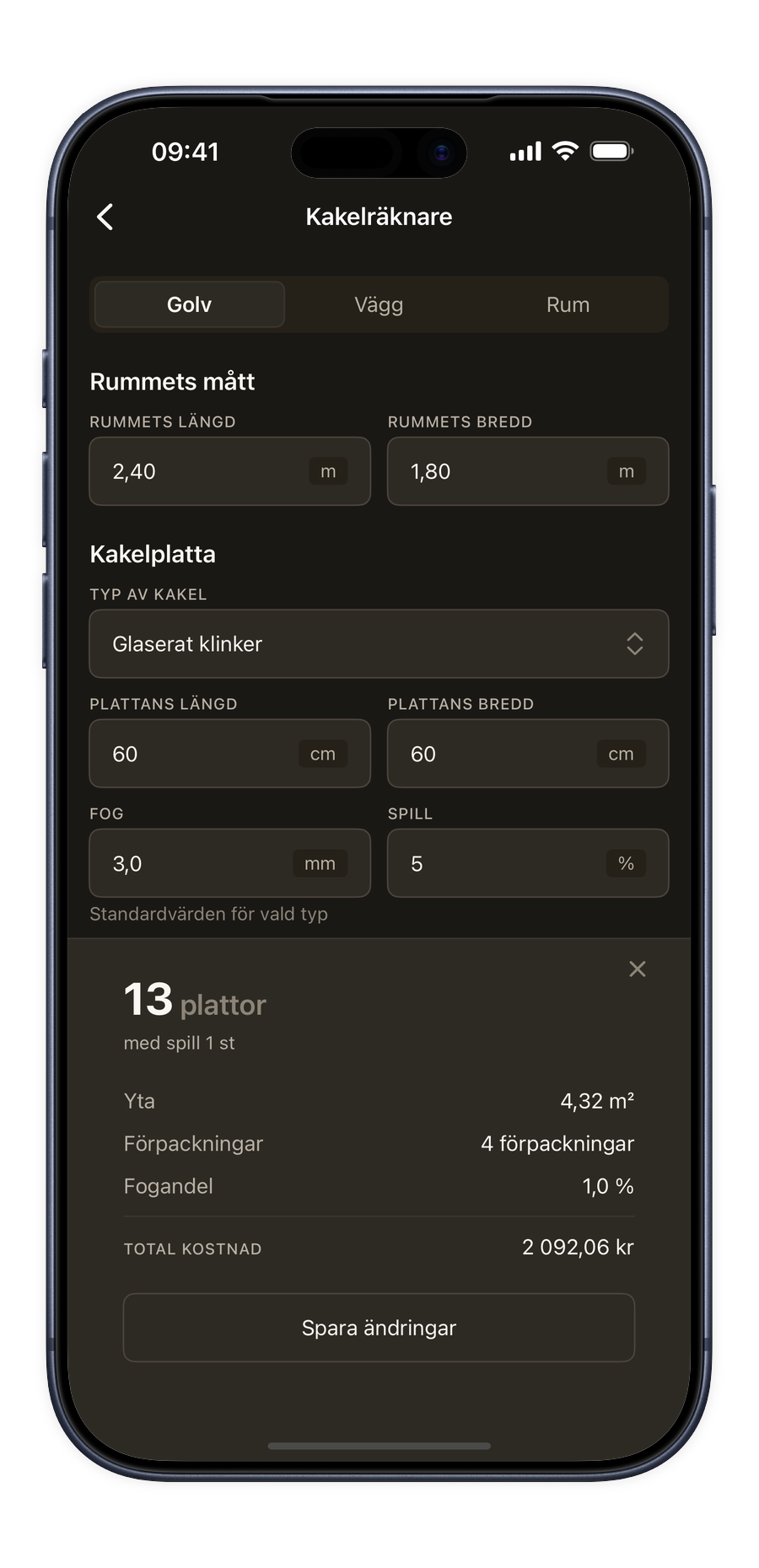 Kakelräknare i Renoery-appen